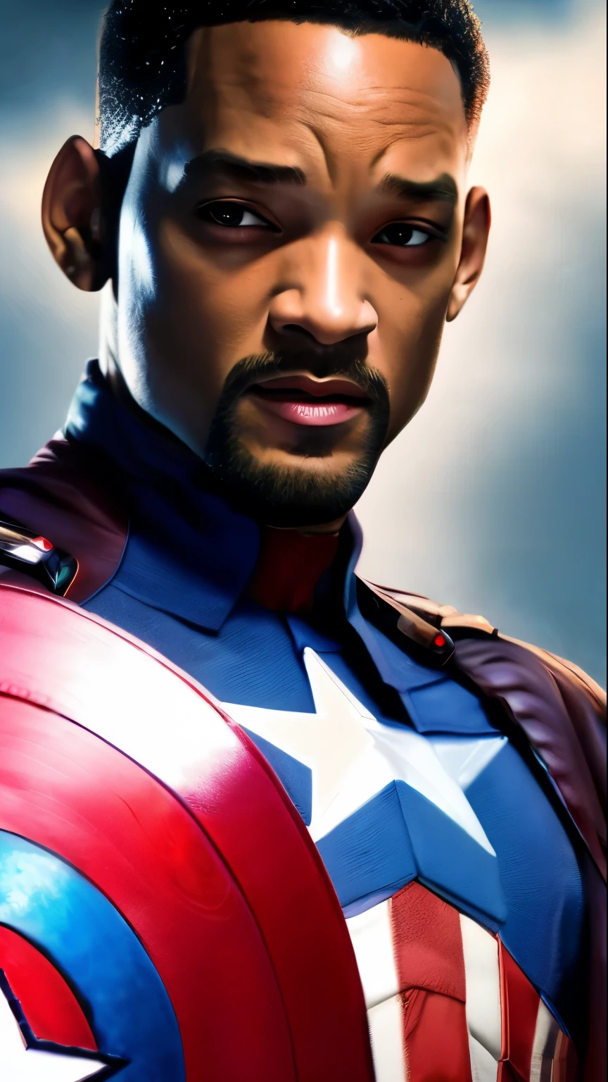 . Tarantino style Will Smith as Captain America 8k, HD, detailed face, detailed face, Detailed eyes, detailed costume, dans le style de Marvel et DC, hyper realistic, + cinematic shot + composition dynamique, incredibly detailed, aiguiser, details + superb details + Evening with light + perfectionnisme + Award-winning realism ((moody lighting))