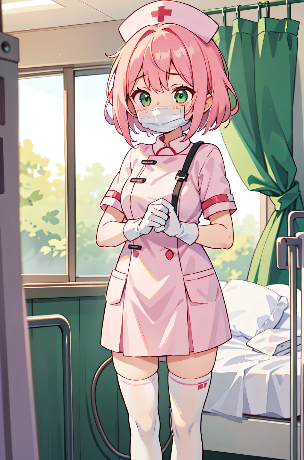1girl, solo, nurse, white nurse cap, white nurse uniform, ((white legwear, zettai ryouiki)), white gloves, pink hair, green eyes, drooping eyes, ((white surgical mask, covered nose)), standing, ((hospital room)), sharp outline, short sleeves, best quality, masterpiece
