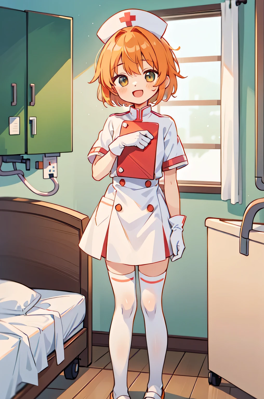 1boy, solo, male focus, nurse, white nurse cap, white nurse uniform, ((white legwear, zettai ryouiki)), white gloves, short hair, orange hair, smile, open mouth, standing, ((hospital room)), sharp outline, short sleeves, shota, , best quality, masterpiece