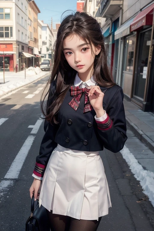 one girl, (a beauty girl, delicate girl:1.3), (14 years old:1.3), break, (winter , Cute Uniform:1.3), break, (Street view:1.3), (it's snowing:1.3), (wool gloves), perfectly trimmed fingers, break, Very fine grain definition, (Symmetrical eyes:1.3), break, Small breasts, Brown eyes, Parted bangs, Brown Hair, girl, face close up, break, (Eyes and facial details:1.0), (Get closer to the face, Zoom in on face, Face Focus:1.0), break, (masterpiece, highest quality, Super detailed, Detailed face, 8k)