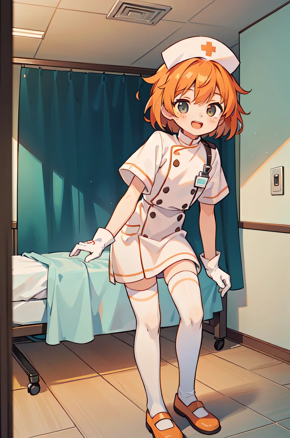 1boy, solo, male focus, nurse, white nurse cap, white nurse uniform, ((white legwear, zettai ryouiki)), white gloves, short hair, orange hair, smile, open mouth, standing, ((hospital room)), sharp outline, short sleeves, shota, 12 years old, best quality, masterpiece