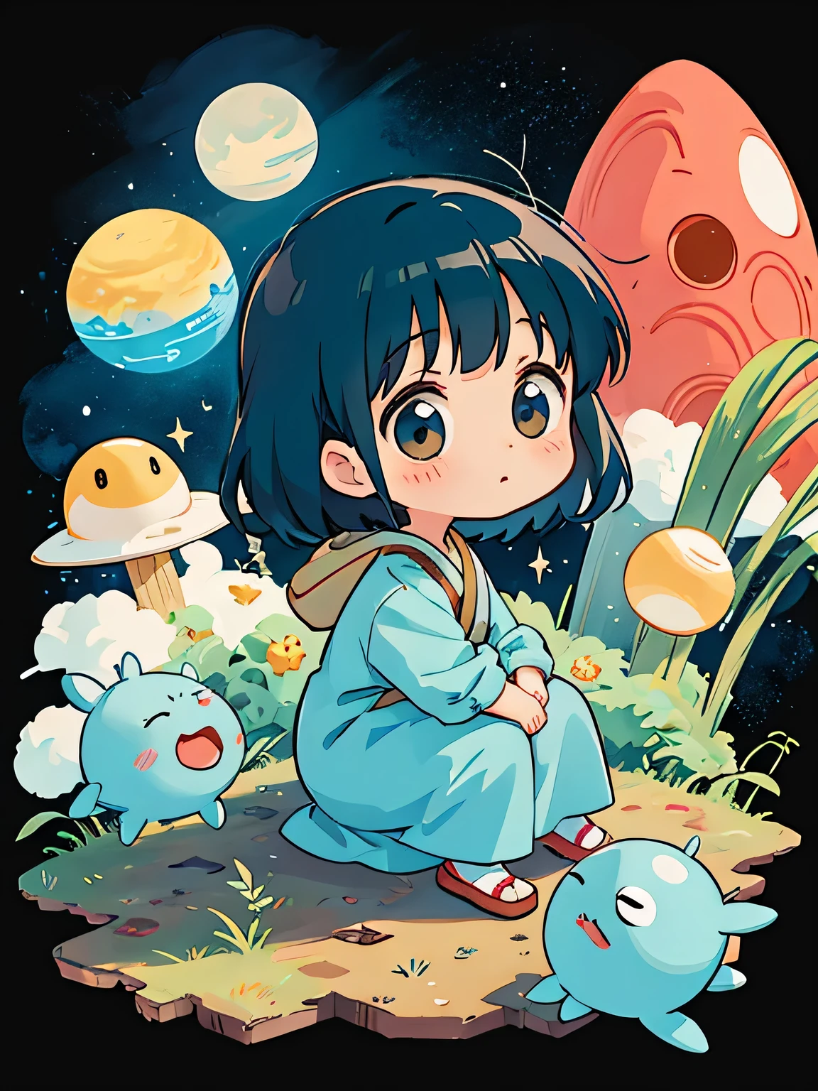 hayao miyazaki style, Kawaii Design, The most beautiful girl of all time、Chibi, Cute Alien、Mars exploration、