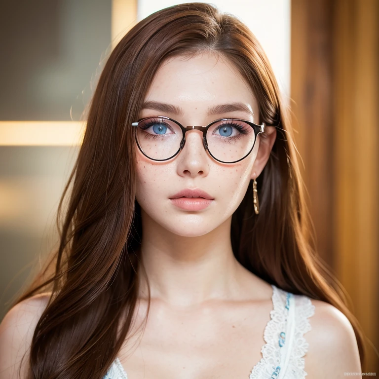 real photo,very beautiful girl,Long red-brown hair,large freckles on the face,Blue eyes,thin face,distinct cheekbones,plump lips,Straight eyebrows,Thick eyelashes,Stylish glasses,Glamour,portrait,professional photo 📷,High detail