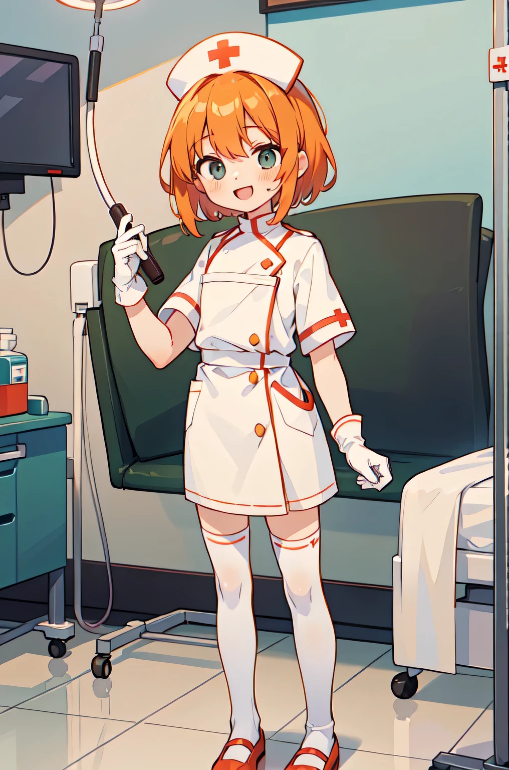 1boy, solo, male focus, nurse, white nurse cap, white nurse uniform, ((white legwear, zettai ryouiki)), white gloves, short hair, orange hair, smile, open mouth, standing, ((hospital room)), sharp outline, short sleeves, shota, 12 years old, best quality, masterpiece