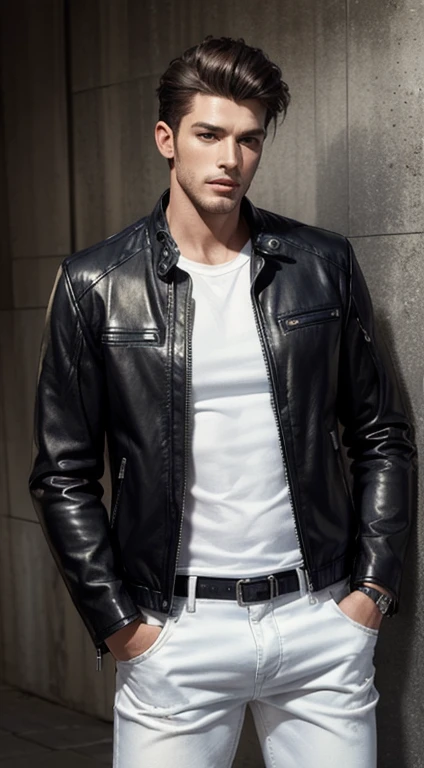 Black leather jacket,Casual and stylish,Frontal view,hyperrealism photography,commerciaphotography,Hyper-realistic,hyper HD, handsome, white shirt, denim pants, masterpiece, best quality,