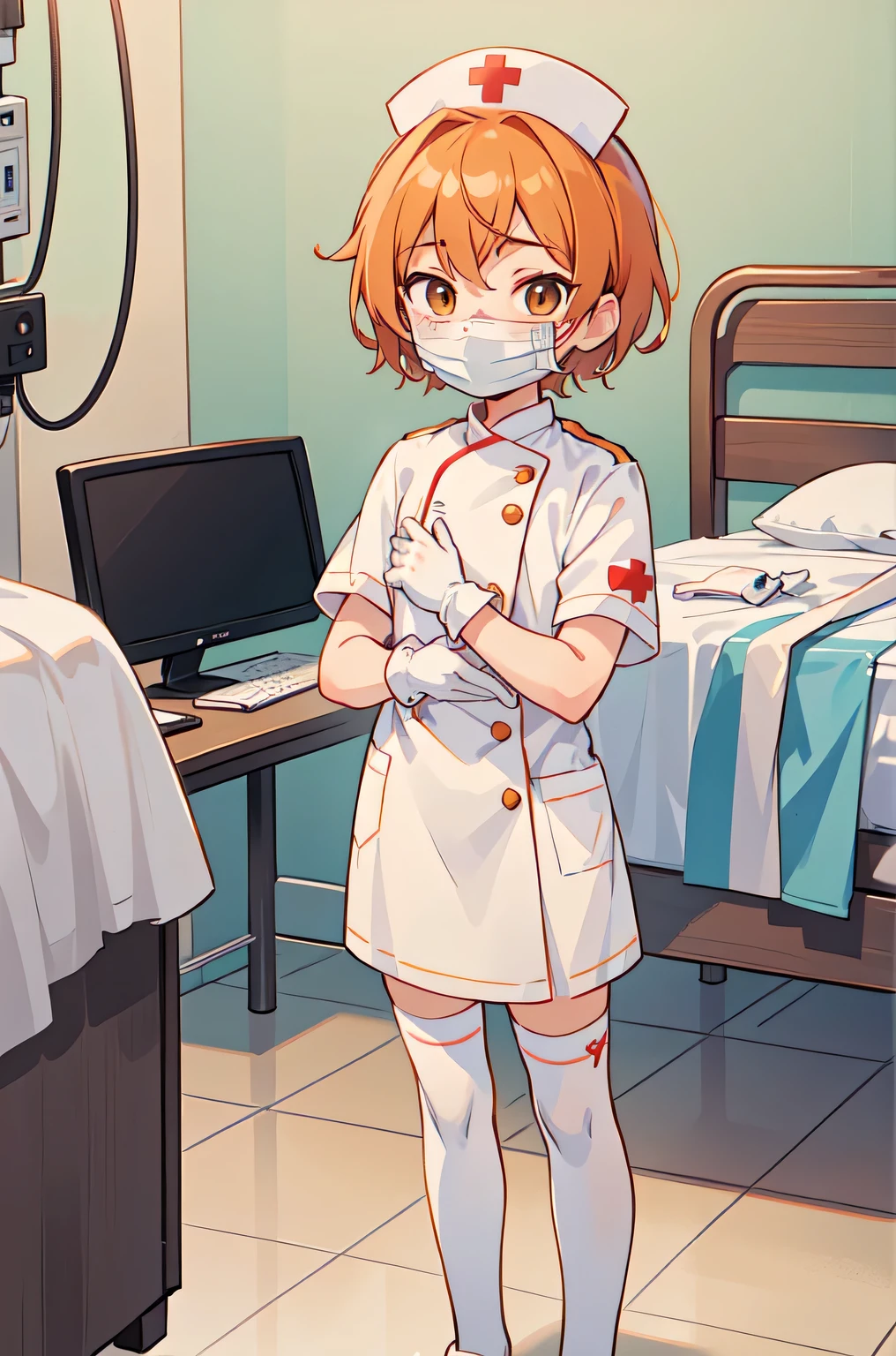 1boy, solo, male focus, nurse, white nurse cap, white nurse uniform, ((white legwear, zettai ryouiki)), white gloves, short hair, orange hair, ((white surgical mask, covered nose)), standing, ((hospital room)), sharp outline, short sleeves, shota, 12 years old, best quality, masterpiece