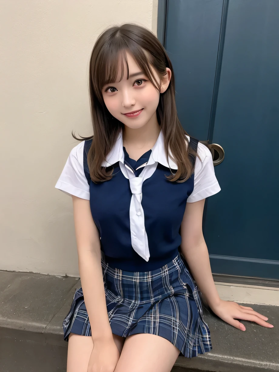 highest quality、figure、 ((Blonde))、Blonde、He has white headphones on his ears、Ultra-detailed、High resolution、8k wallpaper、Perfect dynamic composition,、Beautiful fine details、Natural color lip、Bold sexy pose、smile、17-year-old girl、cute、sexy shot looking at camera、(highest quality: 1.3), (masterpiece: 1.3), (Super Detail: 1.3), (One Girl: 1.1), (Detailed hands and fingers:1.2)、(Ultra-oily, lustrous skin with attention to detail:1.1)、Oily shiny knee socks、(The perfect school girl uniform:1.3)、Short sleeve dress shirt、(Navy Blue Sleeveless :1.2)、(Beautiful shapely small breasts:1.3)、(Dark blue plaid mini skirt:1.2)、Sit with your legs apart、Brown Hair、short hair、Twin tails、Beautiful sister、Pink wall