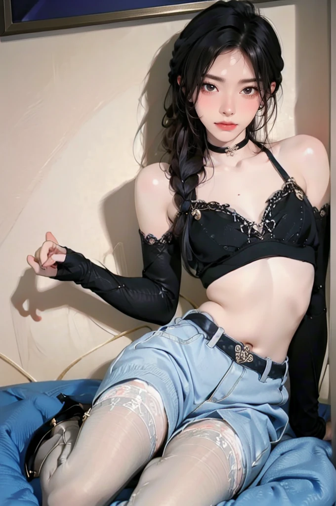 Femboy, ((Masterpiece)), (Cute: 2.0), extremely detailed face, (big butt, devilish, curvy waist, flat chest, sissy), captivating expression, piercing gaze,French braid, slender body, tanned skin, small eyes, rich color palette, choker necklace, high heels, goddess aesthetic, lean and toned androgynous body,black pantyhose, black stockings, black garter belt, kneeling, dynamic angle, visible navel, thick thighs, thigh-highs, voluptuous, elder sister 