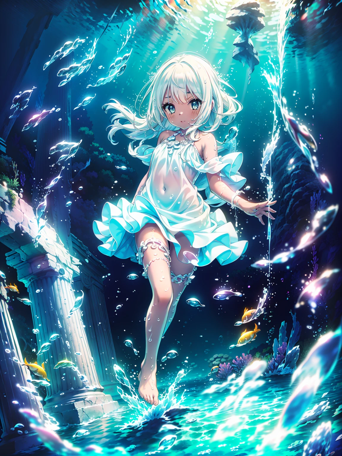 masterpiece, best quality, absurdres, 1girl, :), Deep under the sea, (white marble Greek temple under water), a girl floating in water, white_hair, dark_skin, fishs, Tyndall light, under sea, under ocean, underwater, submerged water, deep submersion, ((vivid color))