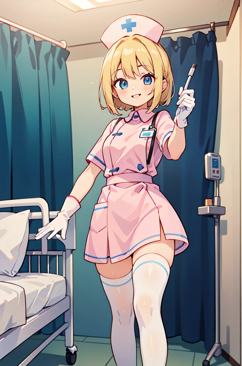 1woman, solo, nurse, white nurse cap, white nurse uniform, ((white legwear, zettai ryouiki)), white gloves, blonde hair, blue eyes, pink lips, smile, standing, ((hospital room)), sharp outline, short sleeves, mature female, 35 years old, best quality, masterpiece