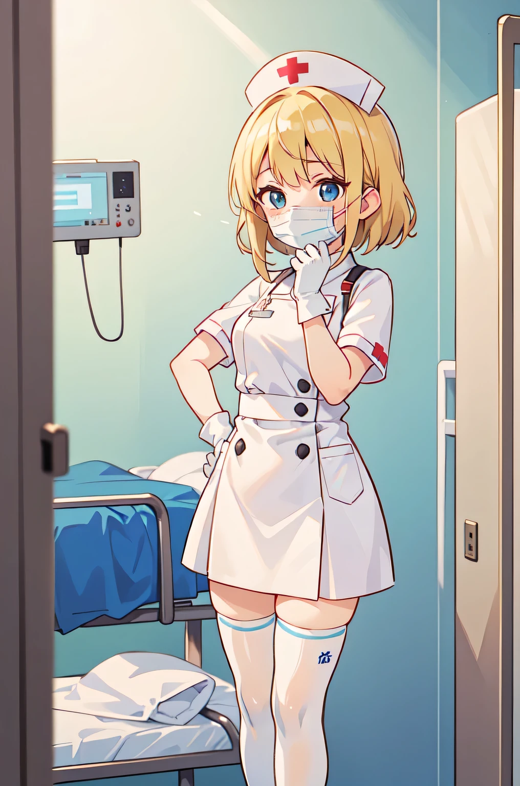 1woman, solo, nurse, white nurse cap, white nurse uniform, ((white legwear, zettai ryouiki)), white gloves, blonde hair, blue eyes, ((white surgical mask, covered nose)), standing, ((hospital room)), sharp outline, short sleeves, mature female, 35 years old, best quality, masterpiece