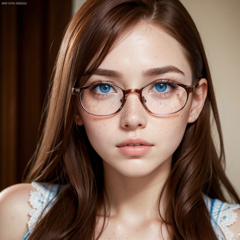 real photo,very beautiful girl,Long red-brown hair,large freckles on the face,Blue eyes,thin face,distinct cheekbones,plump lips,Straight eyebrows,Thick eyelashes,Stylish glasses,Glamour,portrait,professional photo 📷,High detail