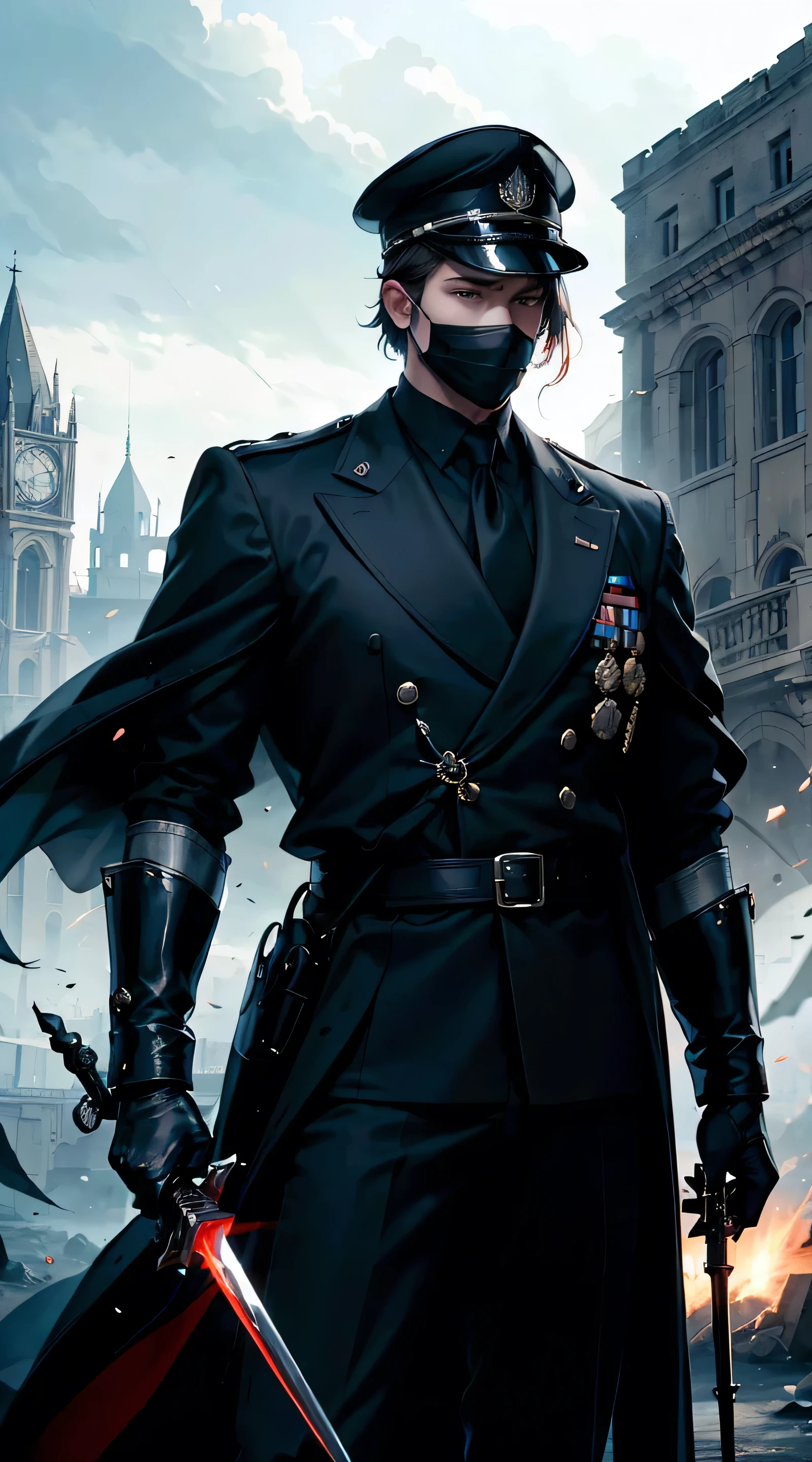 Handsome man holding big sword, ww2 black suits, general ww2 hats, black eye mask, Germain town hall background,red blood element,hd light and dark, balance rendering, HD lighting and dark )<=(epic image quality)dark atmosphere with bright particle light(many effects in background)