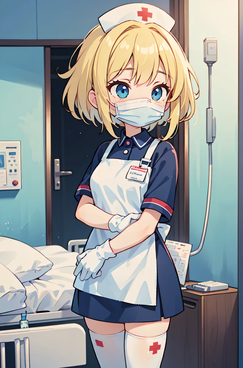 1woman, solo, nurse, white nurse cap, white nurse uniform, ((white legwear, zettai ryouiki)), white gloves, blonde hair, blue eyes, ((white surgical mask, covered nose)), standing, ((hospital room)), sharp outline, short sleeves, mature female, 35 years old, best quality, masterpiece