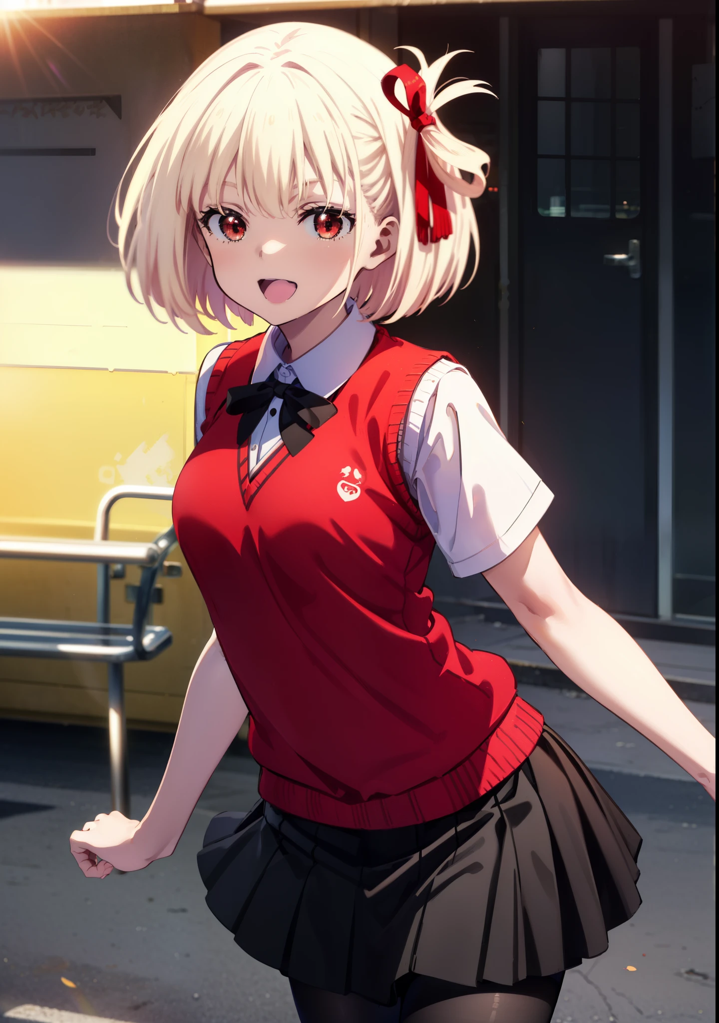 chisatonishikigi, Chisato Nishikigi, short hair, bangs, Blonde, (Red eyes:1.5), hair ribbon, One side up, Bobcut,happy smile, smile, Open your mouth,
white yシャツ, Short sleeve, Pleated skirt, socks, Collared shirt, mini skirt, Black hose, (Black Skirt:1.5), Sweater vest, (red Sweater vest:1.5),Brown loafers,morning,morning陽,The sun is rising，
break outdoors, city,
break looking at viewer, (Cowboy Shot:1.5),
break (masterpiece:1.2), highest quality, High resolution, unity 8k wallpaper, (figure:0.8), (Beautiful fine details:1.6), Highly detailed face, Perfect lighting, Highly detailed CG, (Perfect hands, Perfect Anatomy),