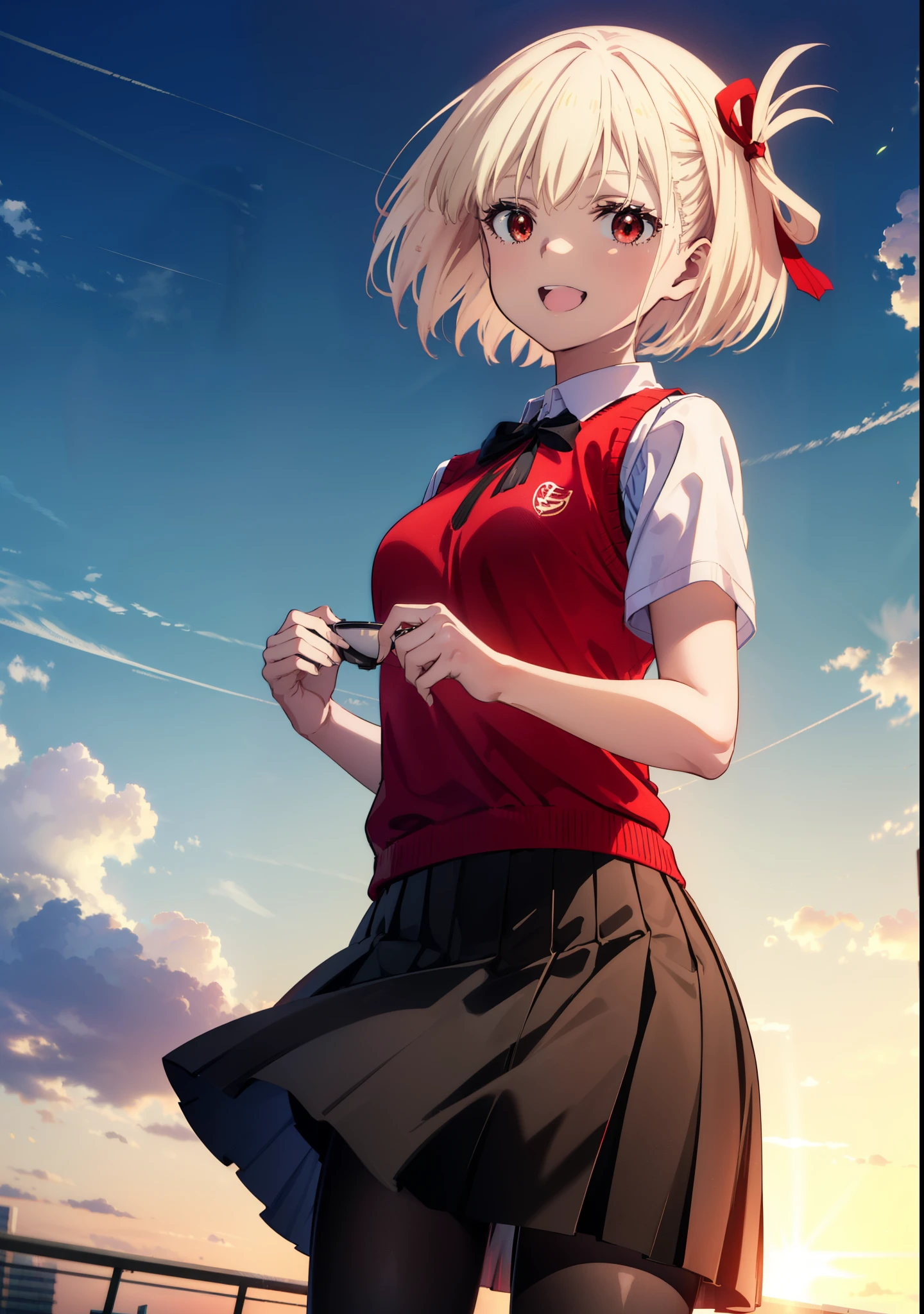 chisatonishikigi, Chisato Nishikigi, short hair, bangs, Blonde, (Red eyes:1.5), hair ribbon, One side up, Bobcut,happy smile, smile, Open your mouth,
white yシャツ, Short sleeve, Pleated skirt, socks, Collared shirt, mini skirt, Black pantyhose, (Black Skirt:1.5), Sweater vest, (red Sweater vest:1.5),Brown loafers,morning,morning陽,The sun is rising,
break outdoors, city,
break looking at viewer, (Cowboy Shot:1.5),
break (masterpiece:1.2), highest quality, High resolution, unity 8k wallpaper, (figure:0.8), (Beautiful fine details:1.6), Highly detailed face, Perfect lighting, Highly detailed CG, (Perfect hands, Perfect Anatomy),