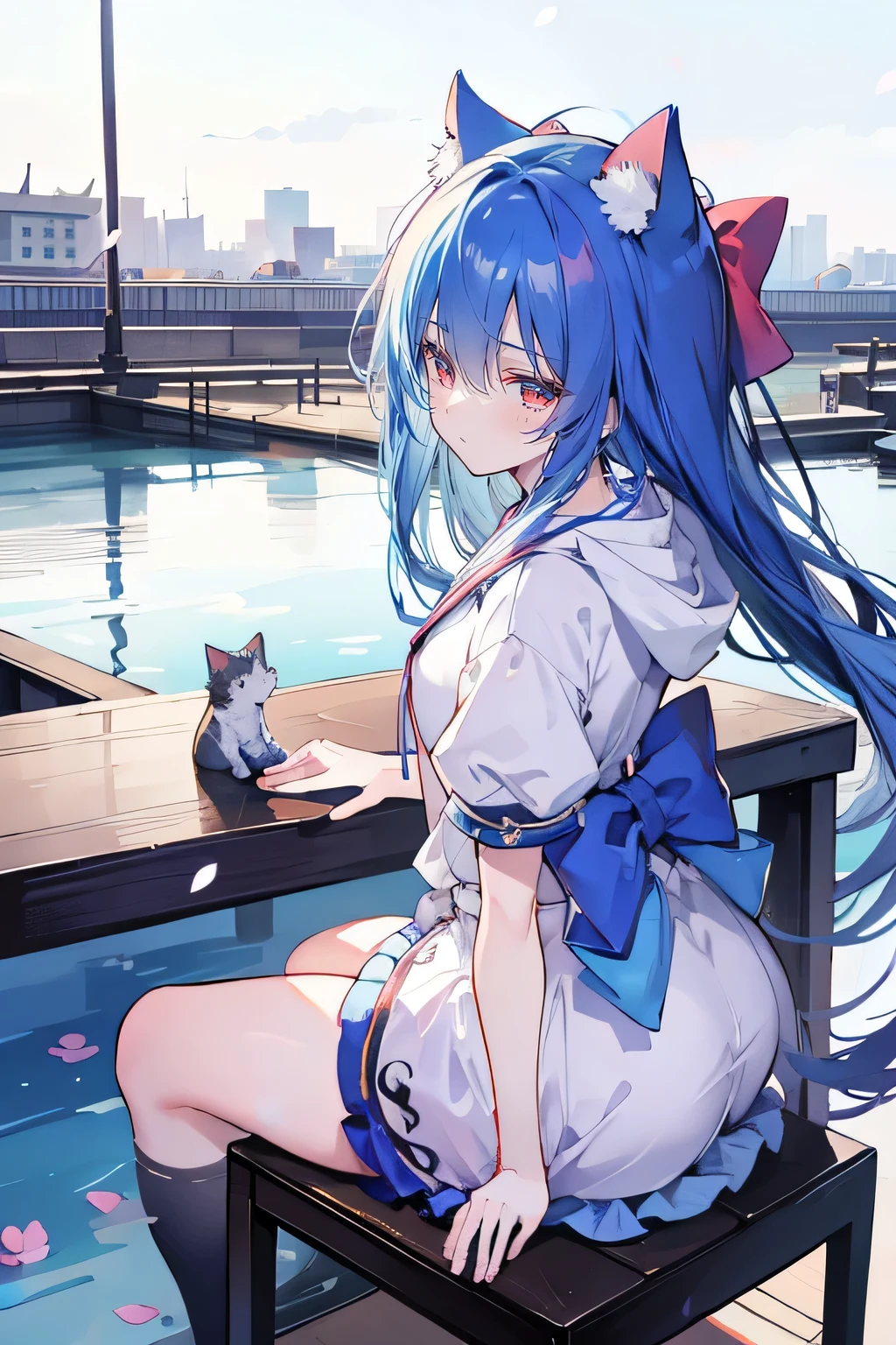 （masterpiece：1.2），Super detailed，lifelike，Expressive eyes，fair skin，perfect face shape，1 girl，
Japanese comics,Gorgeous blue hair,flowing blue hair,flowing clothes,Cat ears,Petals fall,beautiful lola,Baby Angel,
Cross your legs，Gentle and peaceful background，The pavilion is cool and comfortable,smile, wearing hoodie, background of tokyo,back views,snowing, winter.