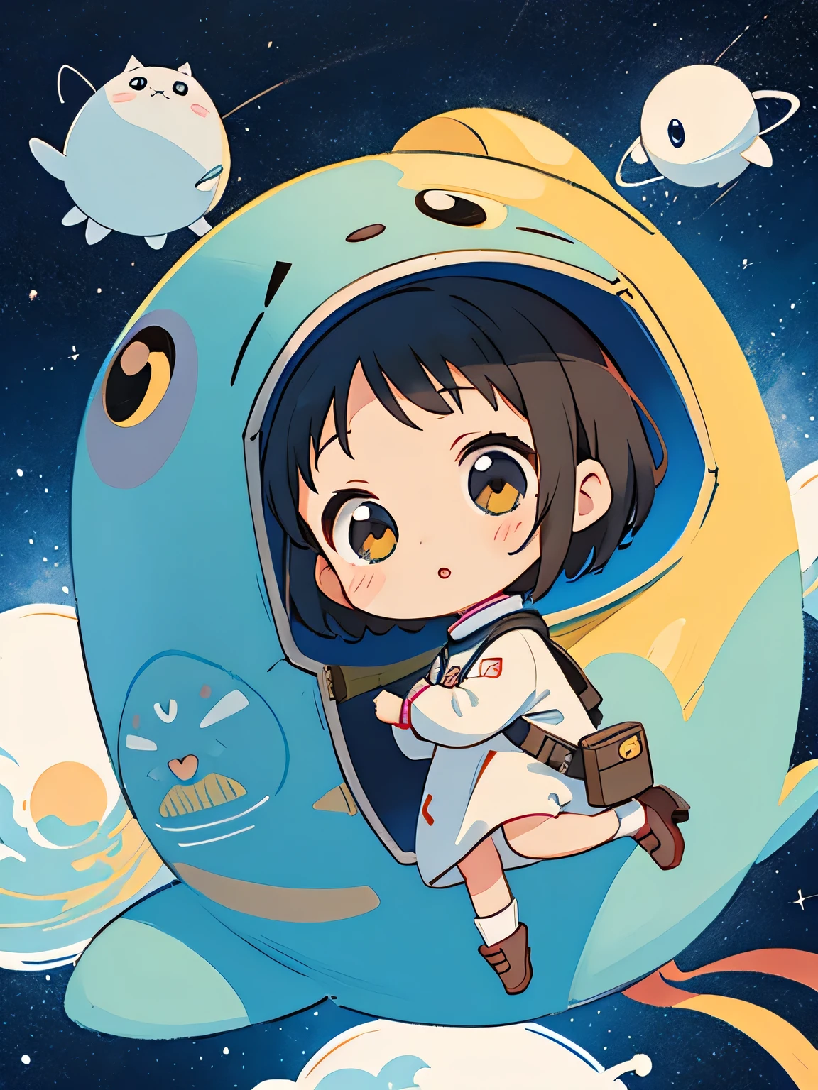 hayao miyazaki style, Kawaii Design, The most beautiful girl of all time、Chibi, Cute Alien、Space Travel、