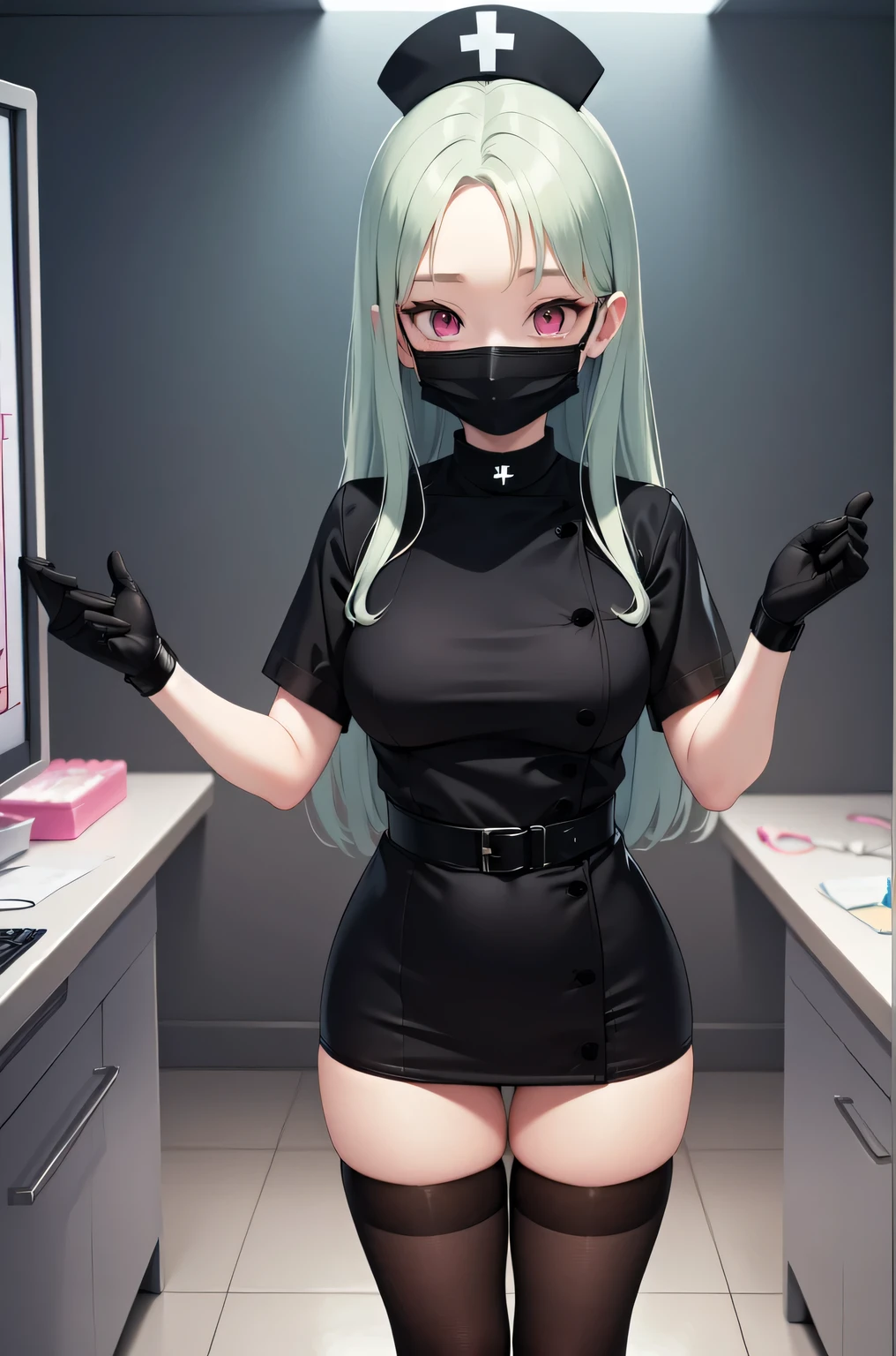 black nurse, 1woman, solo, black nurse cap, black nurse uniform, ((black legwear, zettai ryouiki)), black elbow gloves, forehead, long hair, green hair, pink eyes, ((black surgical mask, covered nose)), standing, ((surgery room)), sharp outline, short sleeves, mature female, 35 years old, best quality, masterpiece