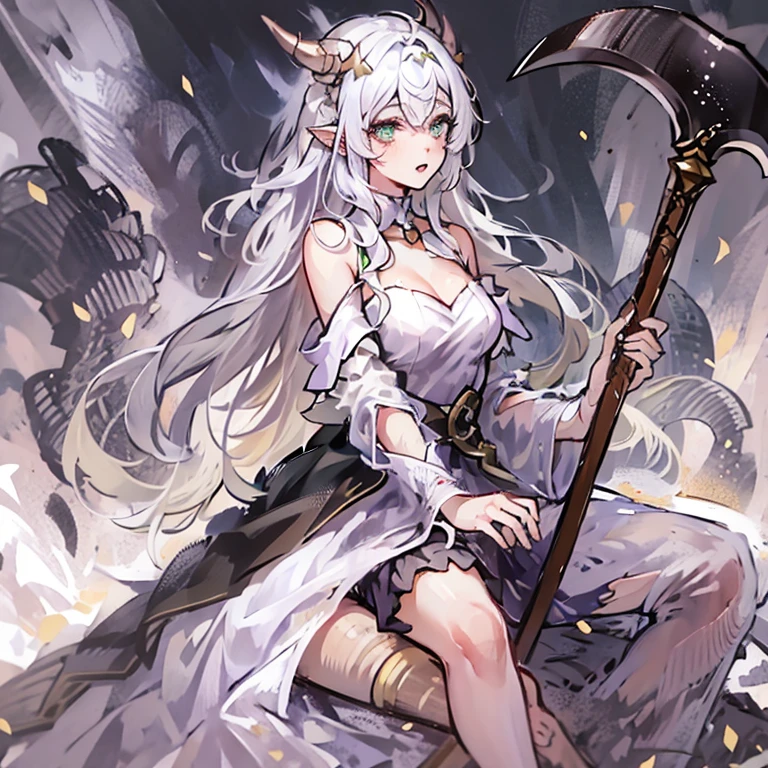 ((masterpiece)), ((bestquality)), ((ultra-detailed)), 1girl, solo, a -yeld gi white hair, green eyes, detailed face, dragonian_head, dragonian_body, dragonian_hairstyle, dragonian_horns, dragonian_tail,white tail covered with scales, white long dress, dirty dress, torn dress, off shoulder dress, black choker, ((circlet on head)), bangs, battle axe, (holding axe:1.2), (over shoulder), ((weapon over shoulder)), nice hands, perfect hands, weapon over shoulder, fire rain, wariza, sitting, rock gound, full body, image resolution 1024