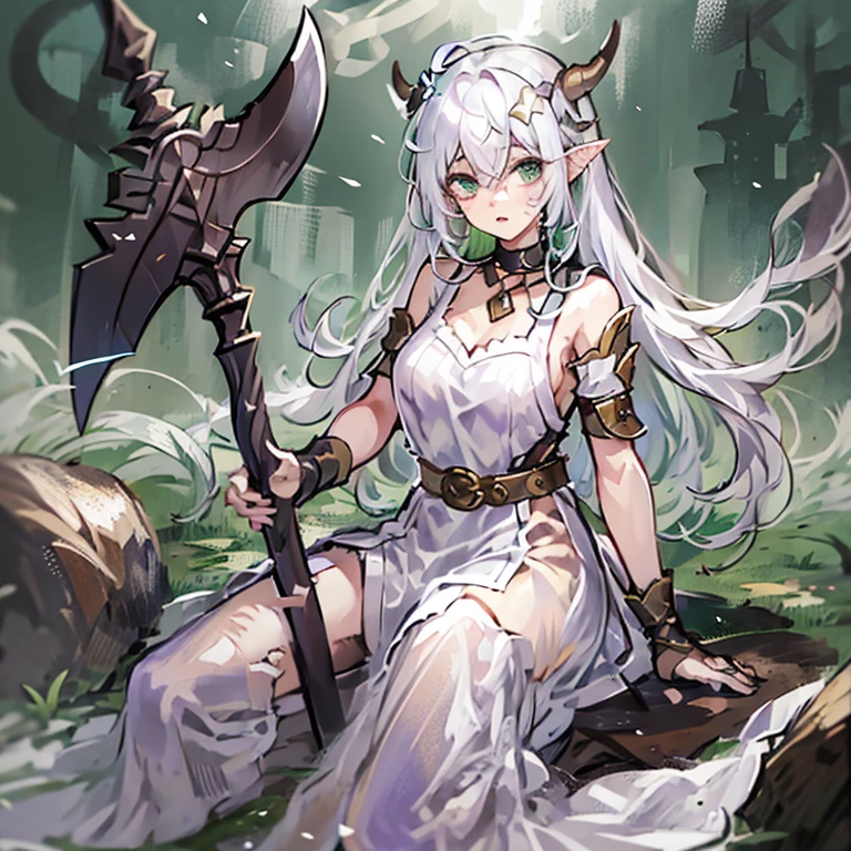 ((masterpiece)), ((bestquality)), ((ultra-detailed)), 1girl, solo, a -yeld gi white hair, green eyes, detailed face, dragonian_head, dragonian_body, dragonian_hairstyle, dragonian_horns, dragonian_tail,white tail covered with scales, white long dress, dirty dress, torn dress, off shoulder dress, black choker, ((circlet on head)), bangs, battle axe, (holding axe:1.2), (over shoulder), ((weapon over shoulder)), nice hands, perfect hands, weapon over shoulder, fire rain, wariza, sitting, rock gound, full body, image resolution 1024