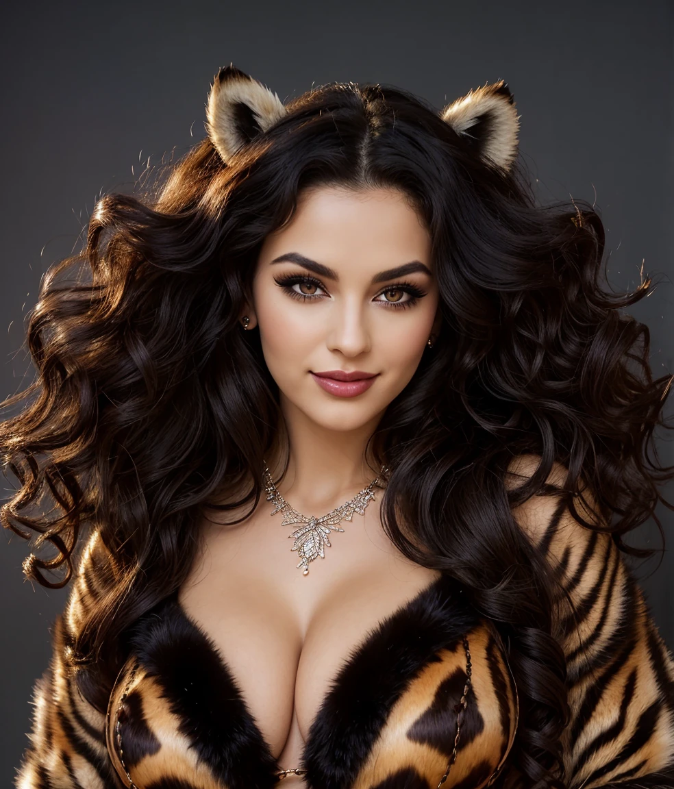 Image of a dark-haired woman with windblown curls, her hair is intertwined, like a flame against the twilight sky radiating unbridled beauty, Big breasts,   mascara, eyeliner,  expressive lips, alluring necklace,  smoky eye makeup,  in los angeles california, big breasts, wearing a crazy artistic  fake fur tiger print costume in a photo studio, big smile