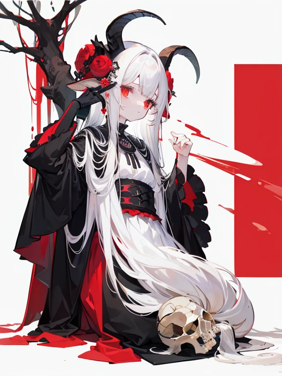 masterpiece, highest quality, Flat Color, Limited edition palette, Low contrast, One Girl、Long, pure white hair, Licorice flower, goat skull, (red, black)