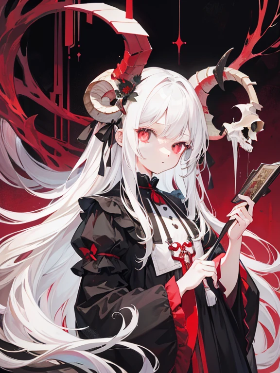 masterpiece, highest quality, Flat Color, Limited edition palette, Low contrast, One Girl、Long, pure white hair, Licorice flower, goat skull, (red, black)