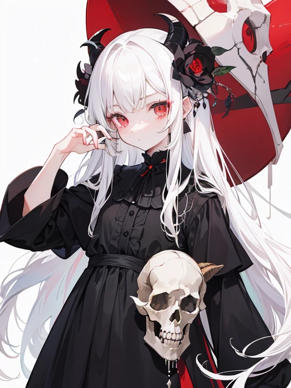 masterpiece, highest quality, Flat Color, Limited edition palette, Low contrast, One Girl、Long, pure white hair, Licorice flower, goat skull, (red, black)