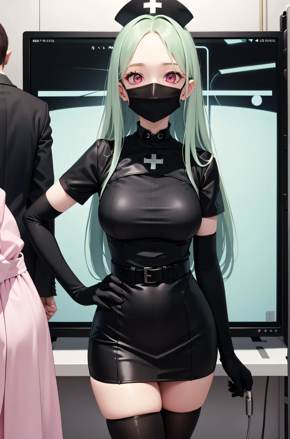 black nurse, 1woman, solo, black nurse cap, black nurse uniform, ((black legwear, zettai ryouiki)), black elbow gloves, forehead, long hair, green hair, pink eyes, ((black surgical mask, covered nose)), standing, ((surgery room)), sharp outline, short sleeves, mature female, 35 years old, best quality, masterpiece