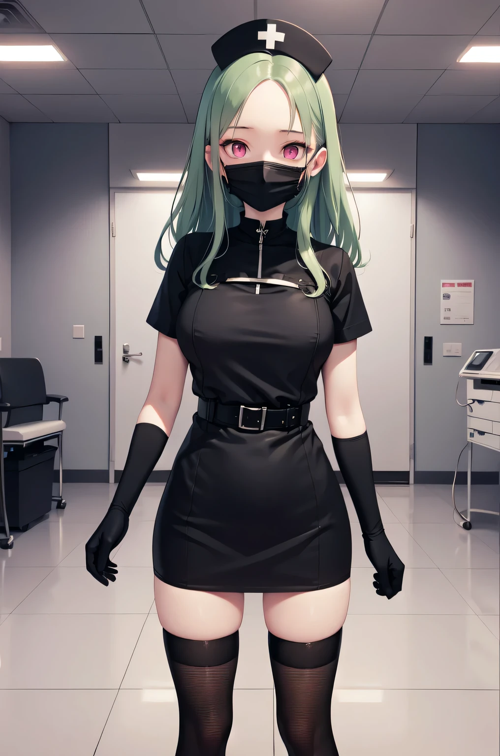 black nurse, 1woman, solo, black nurse cap, black nurse uniform, ((black legwear, zettai ryouiki)), black elbow gloves, forehead, long hair, green hair, pink eyes, ((black surgical mask, covered nose)), standing, ((surgery room)), sharp outline, short sleeves, mature female, 35 years old, best quality, masterpiece