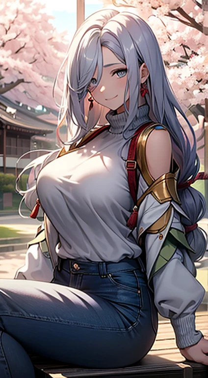 1female, sexy, big breast, young adult, dark skin, finely detailed plum eyes, wild medium hair, seashell white hair color, oversized hoodie, baggy pants, standing on building, day time, tokyo streets, excited expression, tattoos, wisteria flowers, scars, blushing