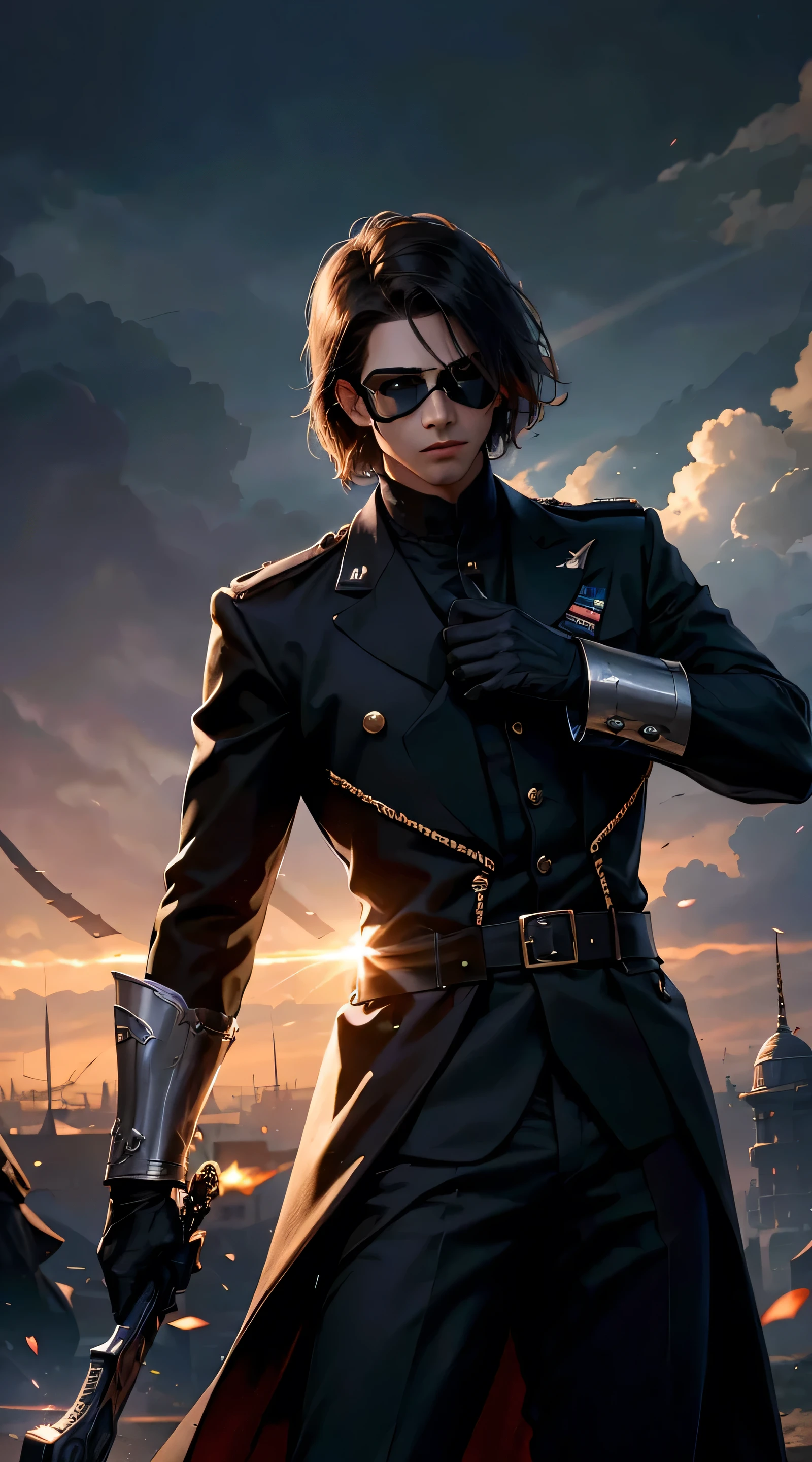 Handsome man holding Giant sword, ww2 black suits, general ww2 hats, black eye mask, Germain town hall background,red blood element,hd light and dark, balance rendering, HD lighting and dark )<=(epic image quality)dark atmosphere with bright particle light(many effects in background)