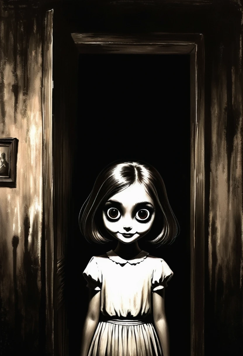 Night room, dark room, completely darkened room, sepia, grainy, eerie environment. Creepypasta is a scary entity in the form of a girl with very big eyes and a scary smile. A creepy look from the shadows. (in the style of primitivism. David Martiashvili)