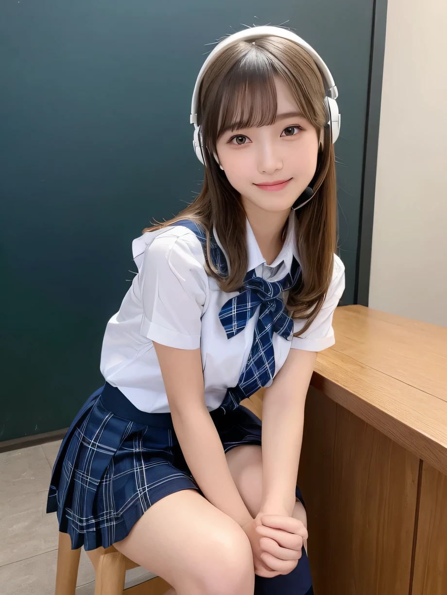 highest quality、figure、 ((Blonde))、Blonde、He has white headphones on his ears、Ultra-detailed、High resolution、8k wallpaper、Perfect dynamic composition,、Beautiful fine details、Natural color lip、Bold sexy pose、smile、17-year-old girl、cute、sexy shot looking at camera、(highest quality: 1.3), (masterpiece: 1.3), (Super Detail: 1.3), (One Girl: 1.1), (Detailed hands and fingers:1.2)、(Ultra-oily, lustrous skin with attention to detail:1.1)、Oily shiny knee socks、(The perfect school girl uniform:1.3)、Short sleeve dress shirt、(Navy Blue Sleeveless :1.2)、(Beautiful shapely small breasts:1.3)、(Dark blue plaid mini skirt:1.2)、Sit with your legs apart、Brown Hair、short hair、Twin tails、Beautiful sister、Pink wall