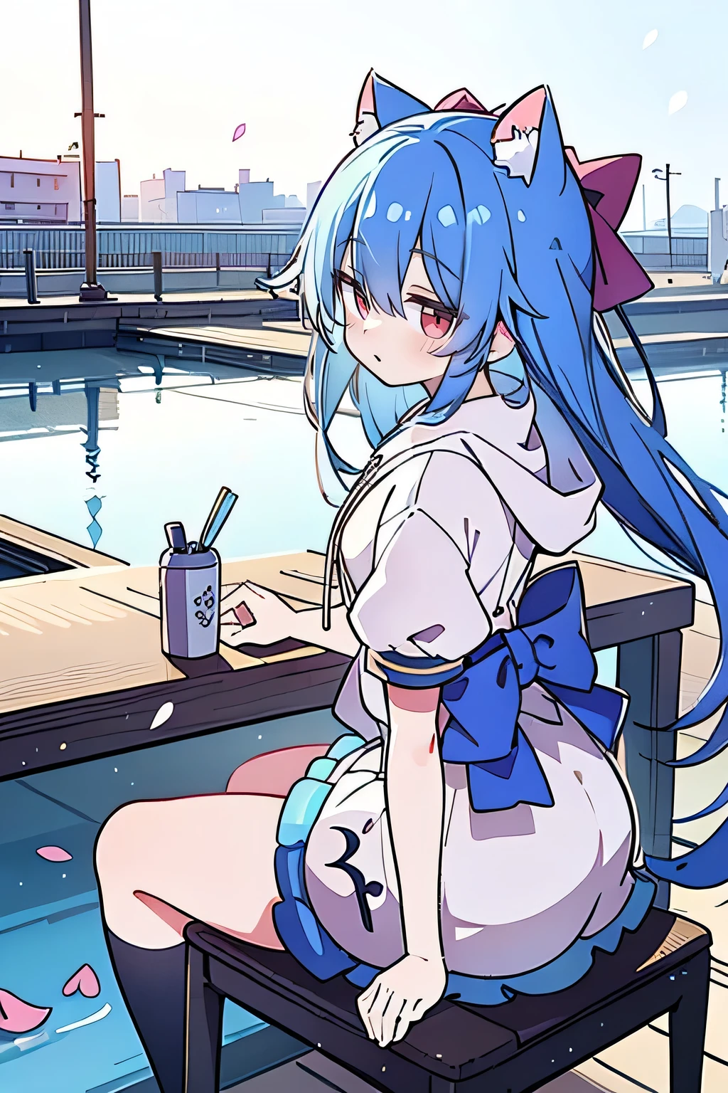 (masterpiece:1.2),Super detailed,lifelike,Expressive eyes,fair skin,perfect face shape,1 girl,
Japanese comics,Gorgeous blue hair,flowing blue hair,flowing clothes,Cat ears,Petals fall,beautiful lola,Baby Angel,
Cross your legs,Gentle and peaceful background,The pavilion is cool and comfortable,smile, wearing hoodie, background of tokyo,back views,snowing, winter.