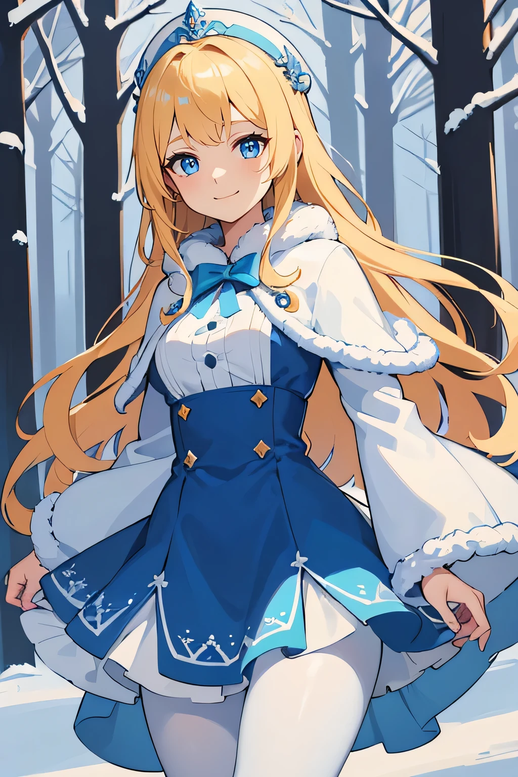 Safe for work, masterpiece, best quality, solo, 1 girl, cute girl, wholesome girl, (young female body:1.4), ( medium small breasts), cowboy shot, shy smile, flustered, yellow golden hair, extra long hair, thick wavy hair, hime cut, very blunt bangs, eyebrows hidden behind bangs, light blue eyes, detailed eyes, outside, snowy woods, standing, icy blue griffin style dress, light blue winter dress, dress with white fur, white cotton pantyhose, winter, long sleeve, blue dress, snowflake print on dress, thick winter blue dress, white fluffy fur trimmings, griffin style, white fur, warm, blue dress, blue dress, blue cloak, fluffy cape, cape over shoulder, dark blue cape