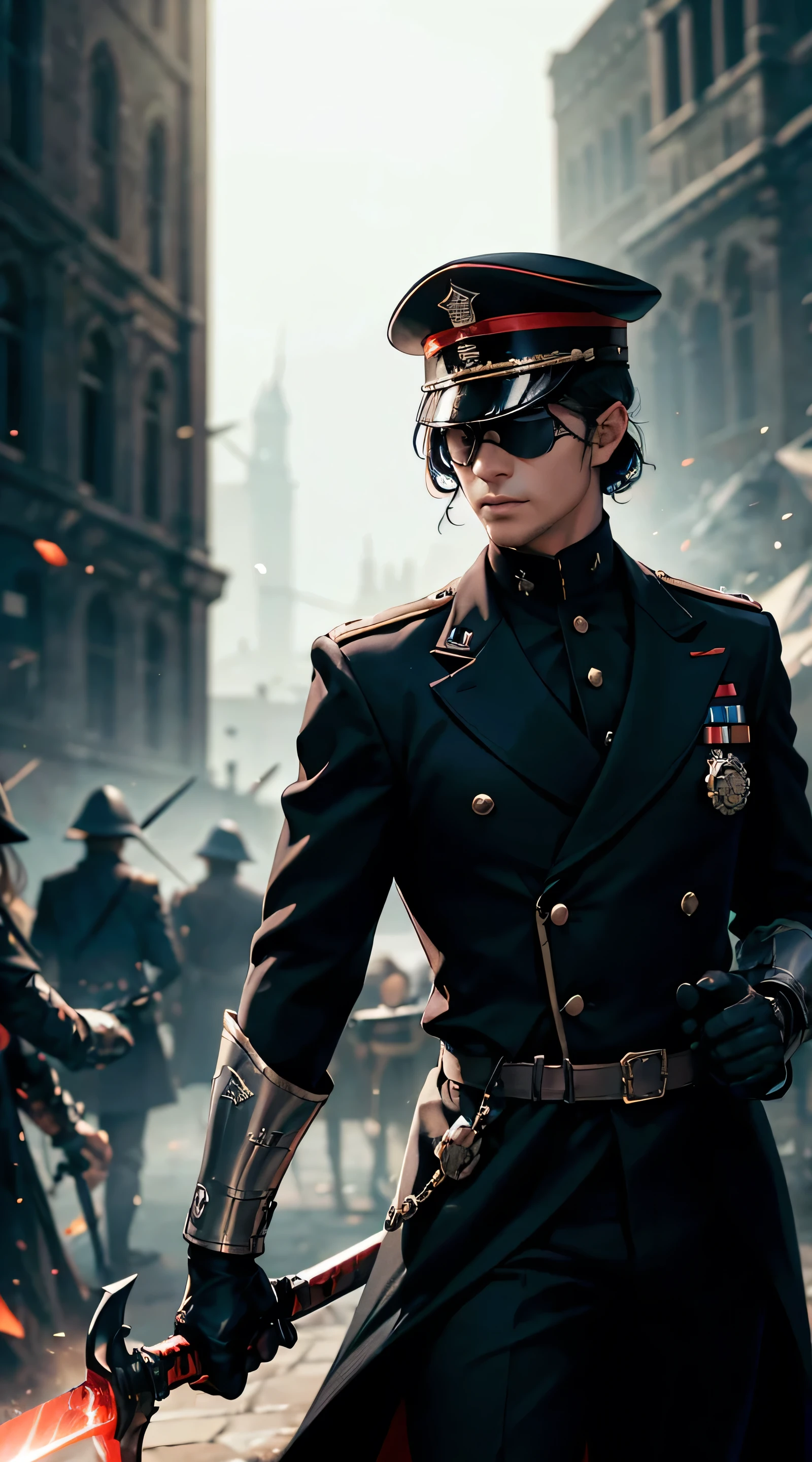 Handsome man holding big sword, ww2 black suits, general ww2 hats, black eye mask, Germain town hall background,red blood element,hd light and dark, balance rendering, HD lighting and dark )<=(epic image quality)dark atmosphere with bright particle light(many effects in background)