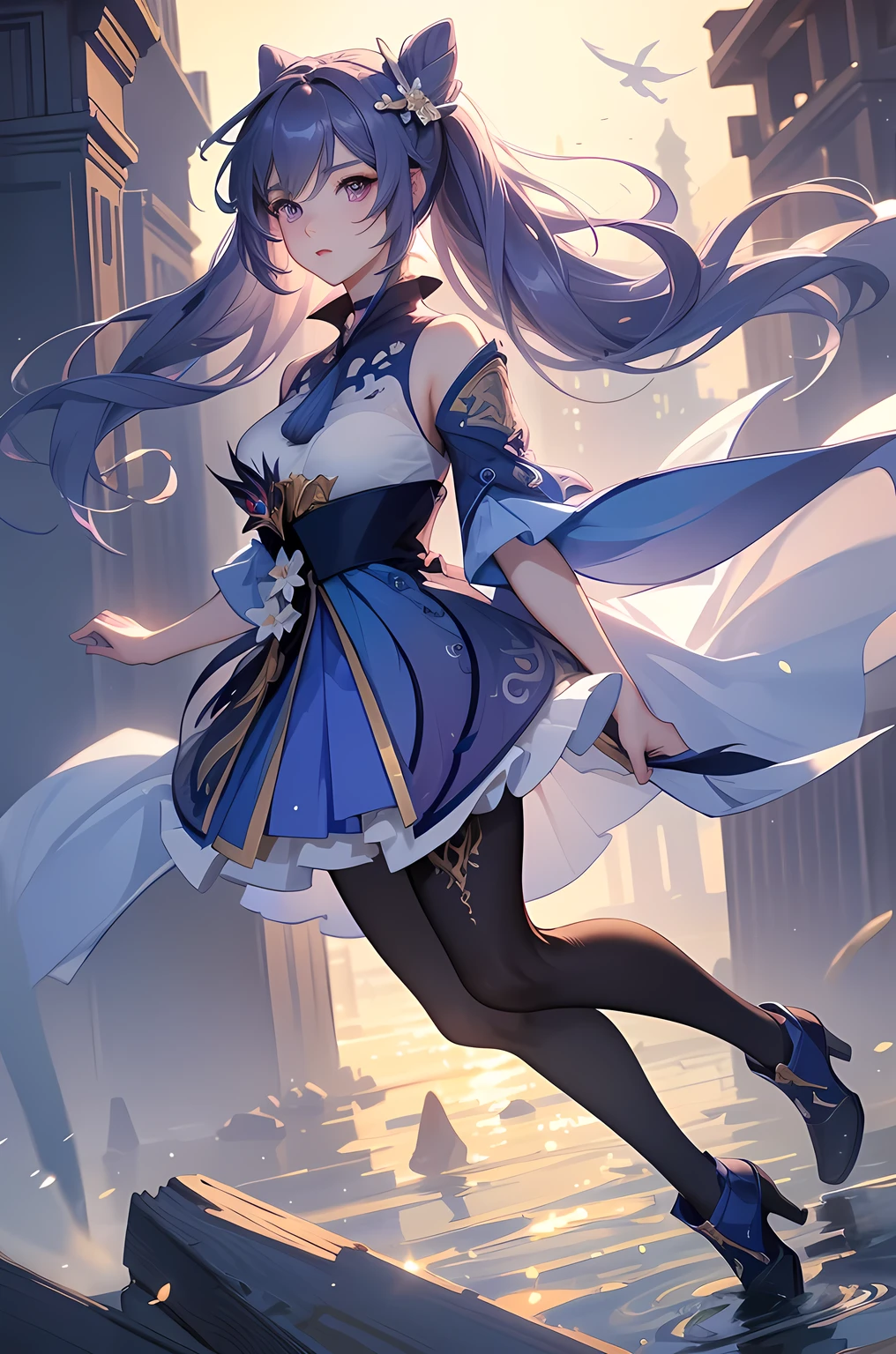 [keqingdef]:1.5,((masterpiece,highest quality,Highly detailed images,Beautiful images))1.4(keqing images、Cities with waterways、Beautiful waterways、The wind is blowing、Overall dim lighting、Backlight、A fantastic atmosphere、Thick Fog、Dust flutters)1.3,(Full body image)1.1
