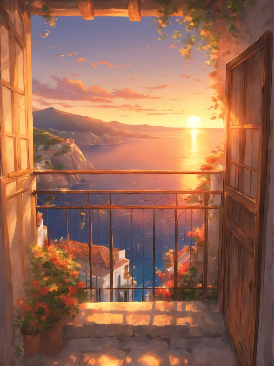 sunset seen through a gaping balcony of an old house with stone flooring and white plaster walls overlooking the sea along the coast of Greece