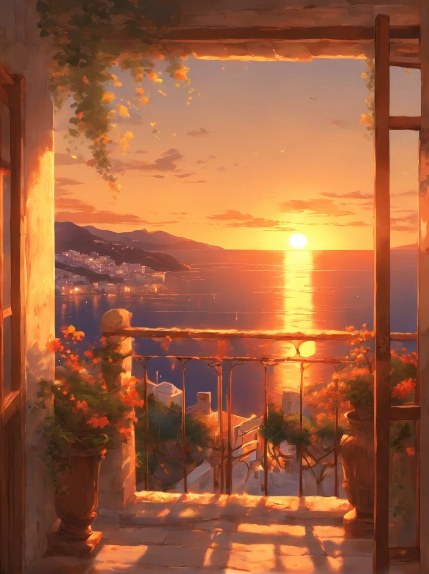 sunset seen through a gaping balcony of an old house with stone flooring and white plaster walls overlooking the sea along the coast of Greece