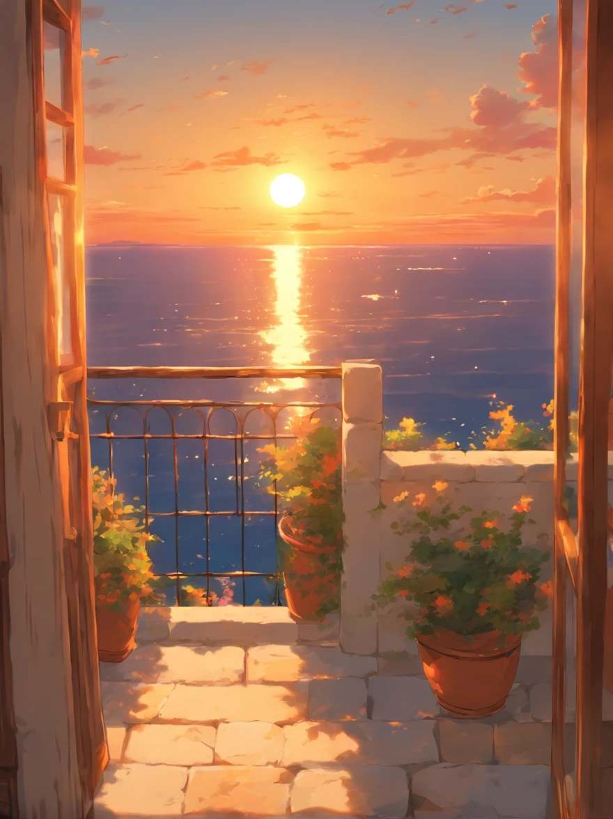 sunset seen through a gaping balcony of an old house with stone flooring and white plaster walls overlooking the sea along the coast of Greece