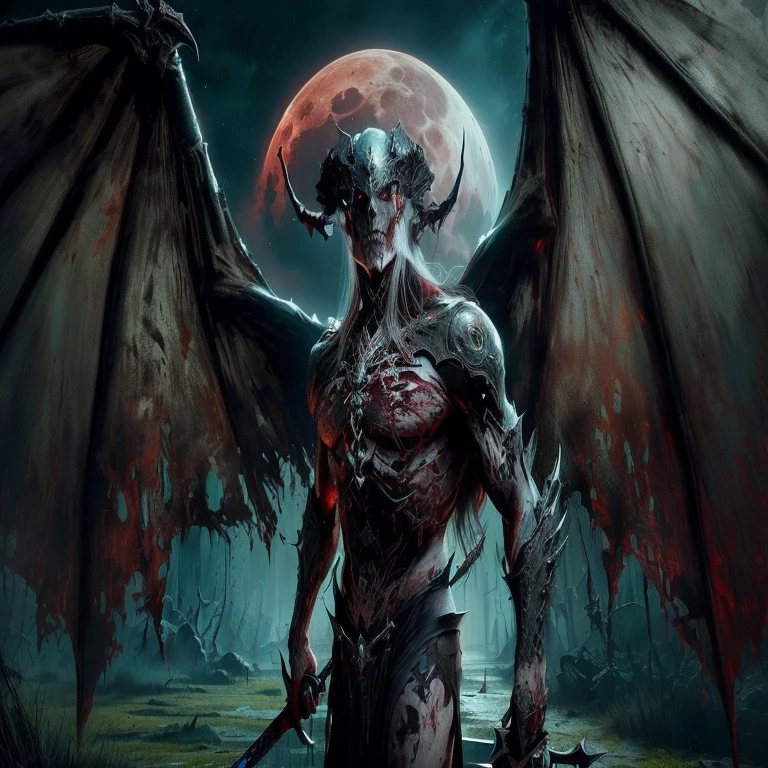 demonic demon with a sword and a blood moon in the background, Demonio masculino en forma con cuernos blancos., demon lord, diablo 4 lilith, demon soul concept art, diablo digital concept art, horror fantasy art, demonio masculino, Demonic Necromancer, criatura demoniaca, dark fantasy artwork, Dark fantasy horror art, retrato demonio mitad humano, dagoth ur