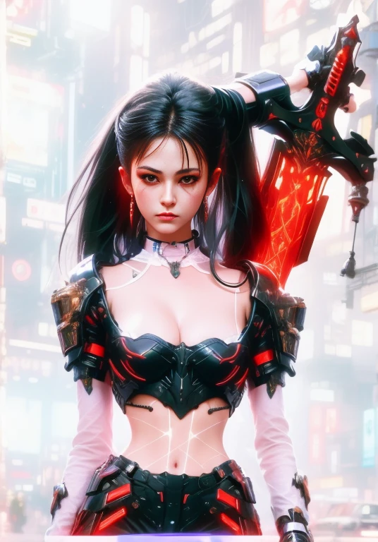 (masterpiece, best quality:1.2), a subject, A beauriful girl with techno fantasy style armour and sword, (technological aggressive design), cyberpunk, 4K, UHD, (Photorealistic:1.4),Ultra high resolution, masterpiece, ultra realistic, ultra nitide, insane details