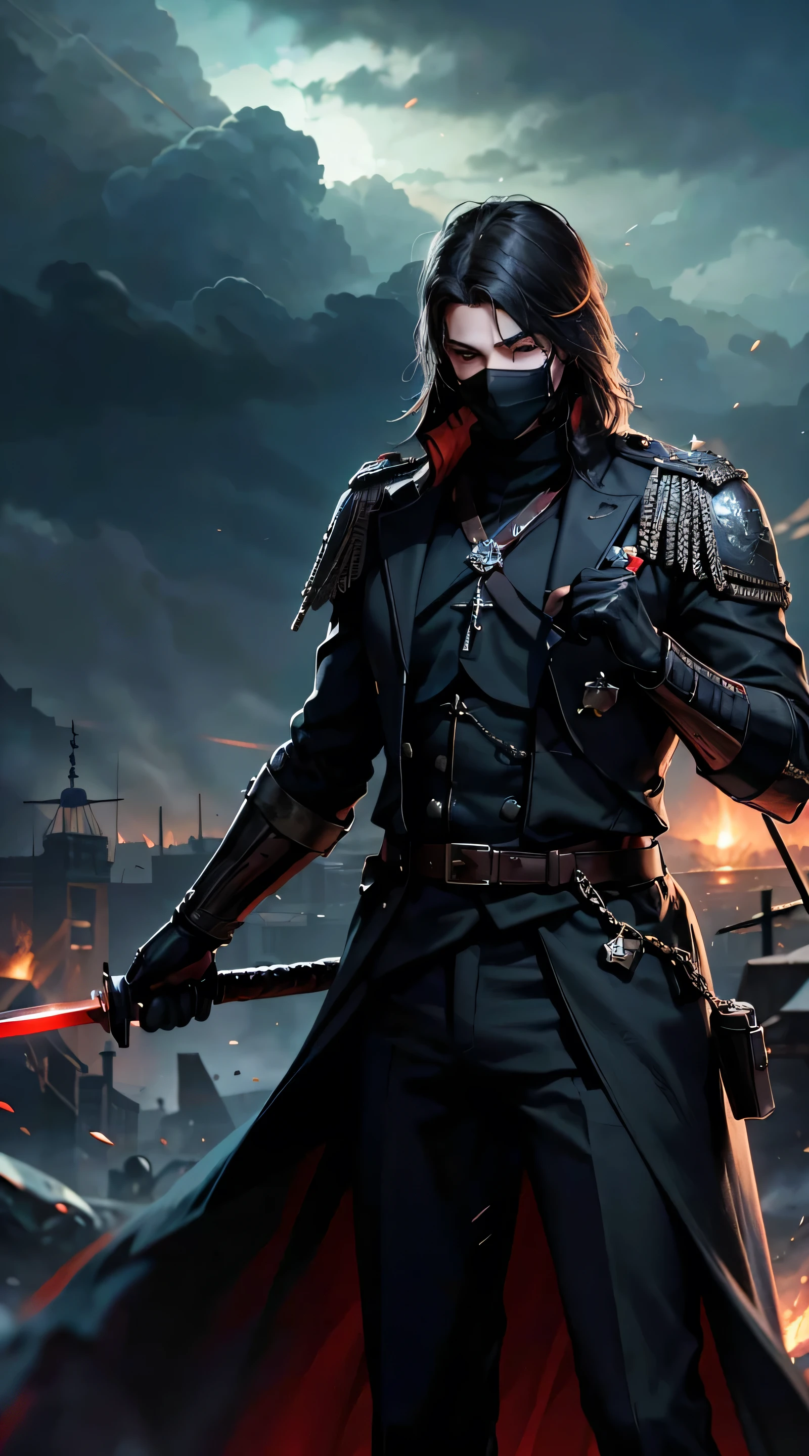 Handsome man holding Giant sword, ww2 black suits, general ww2 hats, black eye mask, Germain town hall background,red blood element,hd light and dark, balance rendering, HD lighting and dark )<=(epic image quality)dark atmosphere with bright particle light(many effects in background)