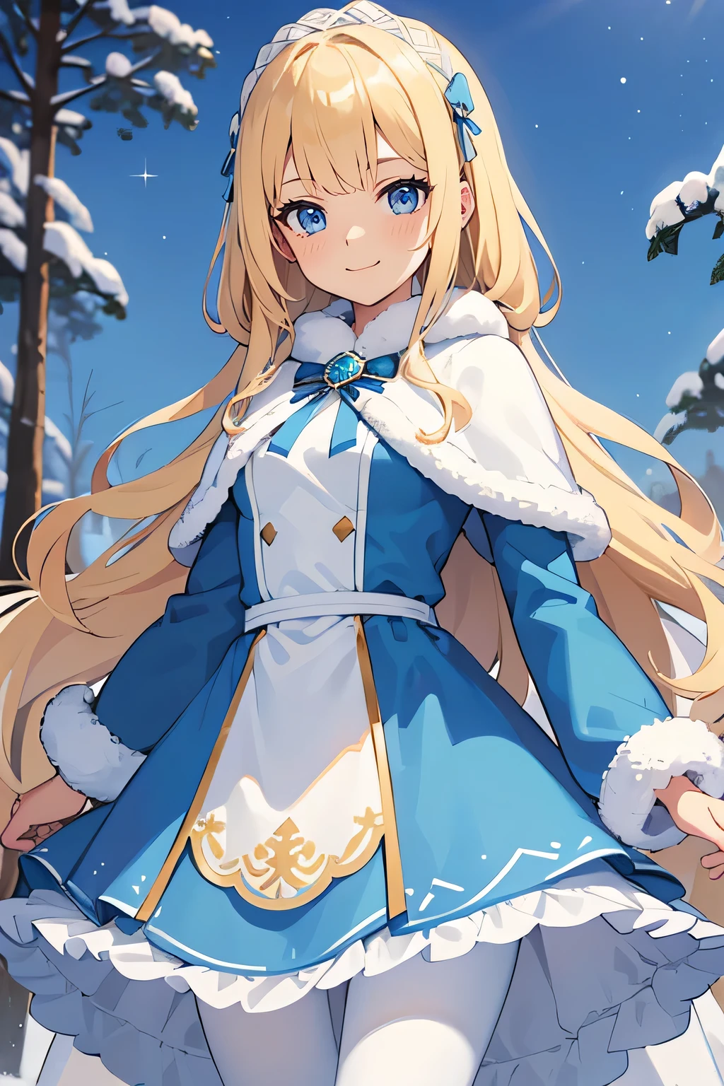 Safe for work, masterpiece, best quality, solo, 1 girl, cute girl, wholesome girl, (young female body:1.4), ( medium small breasts), cowboy shot, shy smile, flustered, yellow golden hair, extra long hair, thick wavy hair, hime cut, very blunt bangs, eyebrows hidden behind bangs, light blue eyes, detailed eyes, outside, snowy woods, standing, icy blue griffin style dress, light blue winter dress, dress with white fur, white cotton pantyhose, winter, long sleeve, blue dress, snowflake print on dress, thick winter blue dress, white fluffy fur trimmings, griffin style, white fur, warm, blue dress, blue dress, blue cloak, fluffy cape, cape over shoulder, dark blue cape