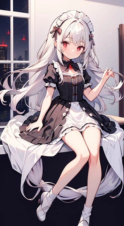 masutepiece, Best Quality, Ultra-detailed, kawaii, Cute, lovely, Extremely detailed, 4K, 8K, Best Quality, Beautiful, Anime style,Full body up, A ****************, , Solo, Maids,****ta,magical ,Beautiful white hair,Beautiful red eyes, Beautiful eyes,Yumekawa,White-skinned,Fluffy long hair,  slim, slender, Smile