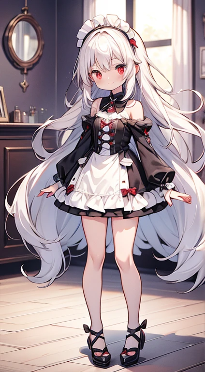 masutepiece, Best Quality, Ultra-detailed, kawaii, Cute, lovely, Extremely detailed, 4K, 8K, Best Quality, Beautiful, Anime style,Full body up, A ****************, , Solo, Maids,****ta,magical ,Beautiful white hair,Beautiful red eyes, Beautiful eyes,Yumekawa,White-skinned,Fluffy long hair,  slim, slender, Smile