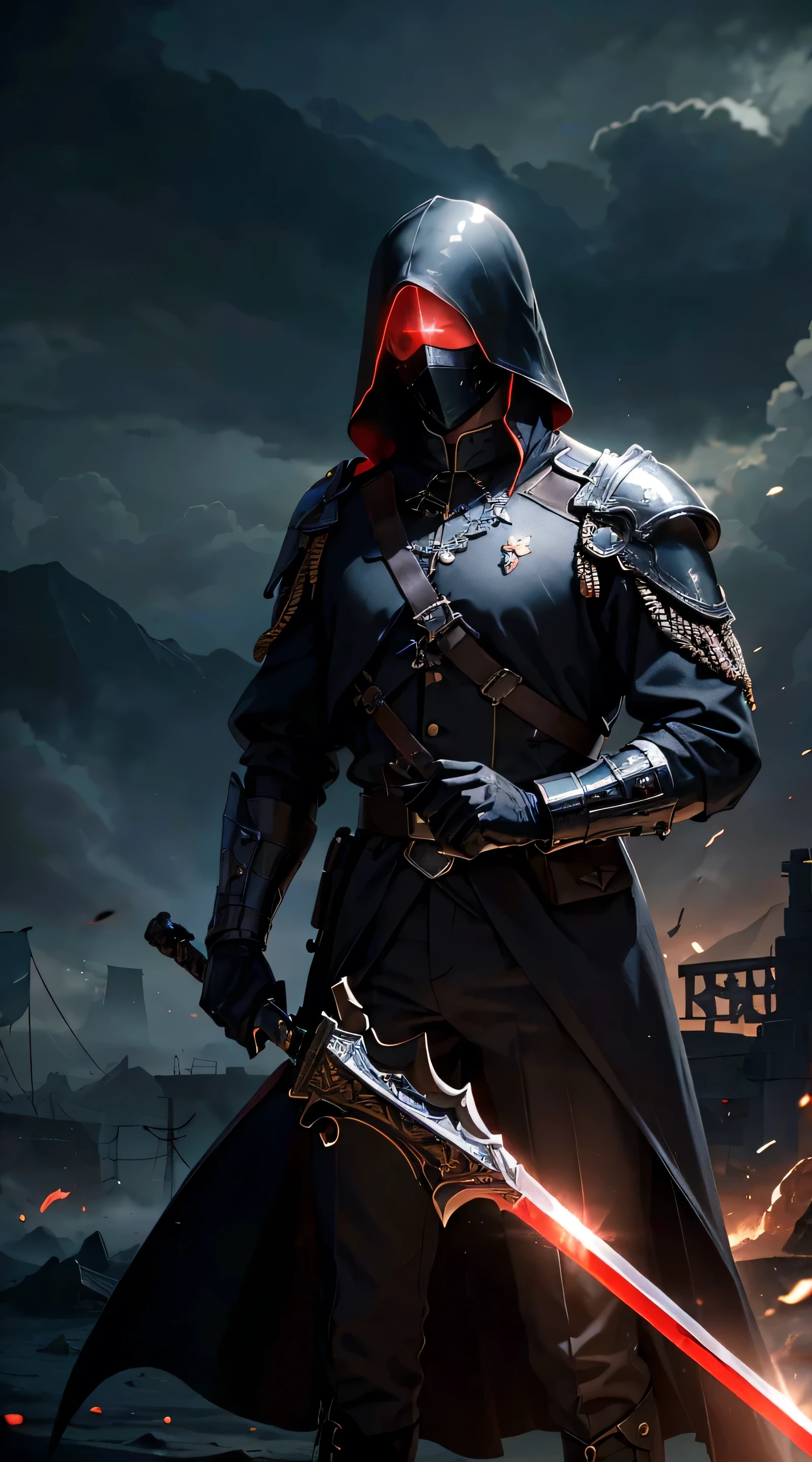 Handsome man holding Giant sword, ww2 black suits, general ww2 hats, black eye mask, Germain town hall background,red blood element,hd light and dark, balance rendering, HD lighting and dark )<=(epic image quality)dark atmosphere with bright particle light(many effects in background)