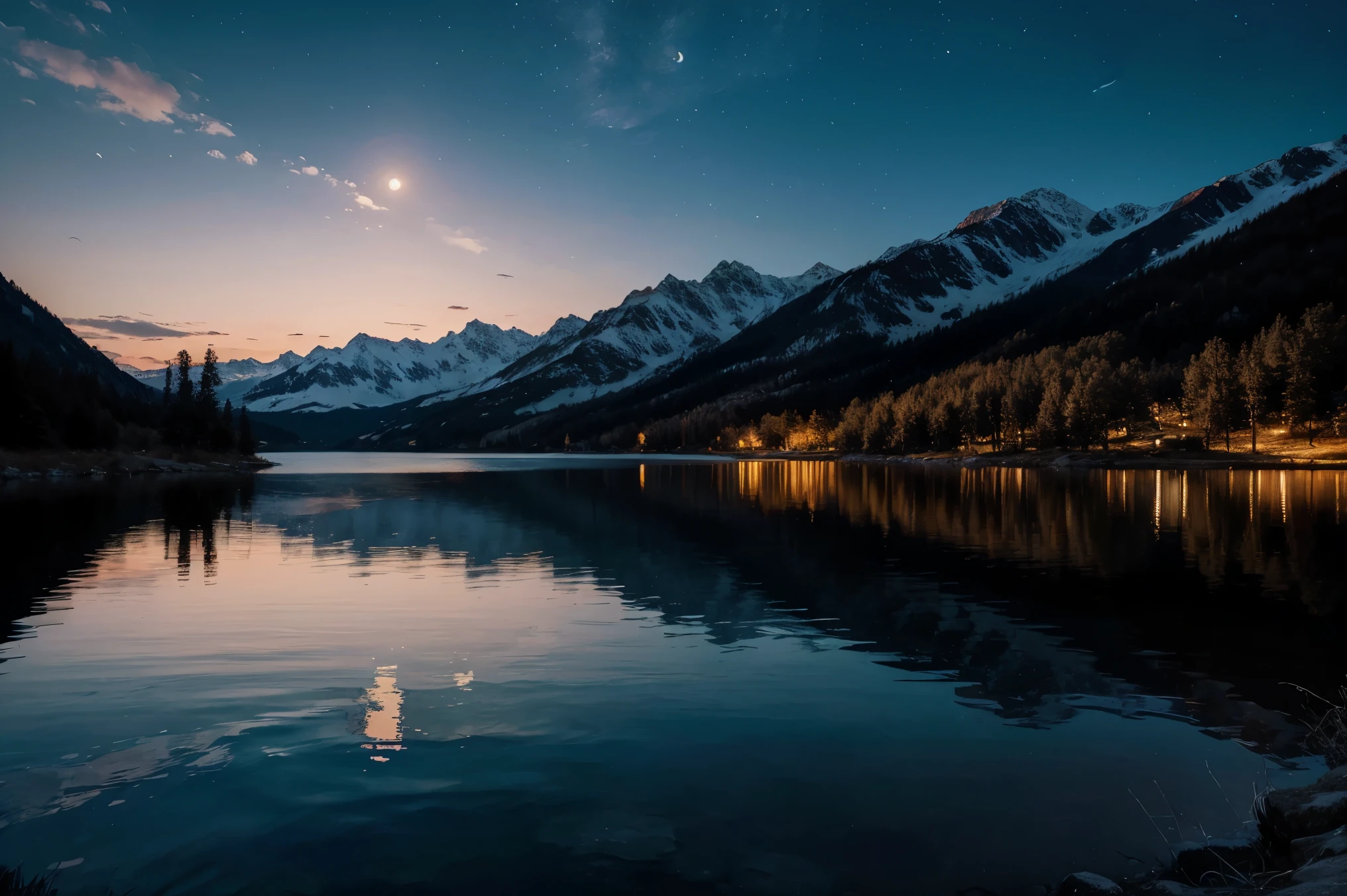 Moon night background with beautiful lake wallpaper, highly detailed, realistic 8k full HD.